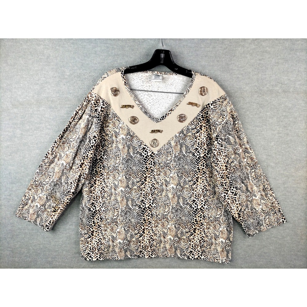 Cesucci Womens‎ Shirt Medium Neutral Snakeskin V Neck Art To Wear Retro Glam
